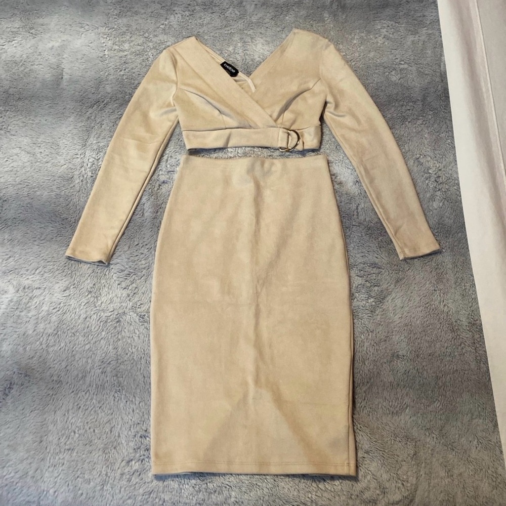 bebe Beige Midi Dress with Belted Detail